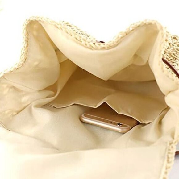 Women Straw Woven Backpack Medium Capacity Flap Drawstring Shoulder Bag - Picture 5 of 6